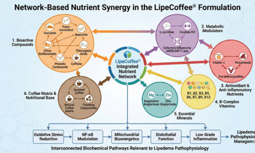 Cafe funcional para lipedema: diagrama da rede de nutrientes do LipeCoffee mostrando como compostos bioativos, moduladores metabolicos, antioxidantes, vitaminas B, minerais essenciais e matriz de cafe trabalham em sinergia para reduzir inflamacao, modular NF-kB, apoiar funcao mitocondrial e endotelial no lipedema.
