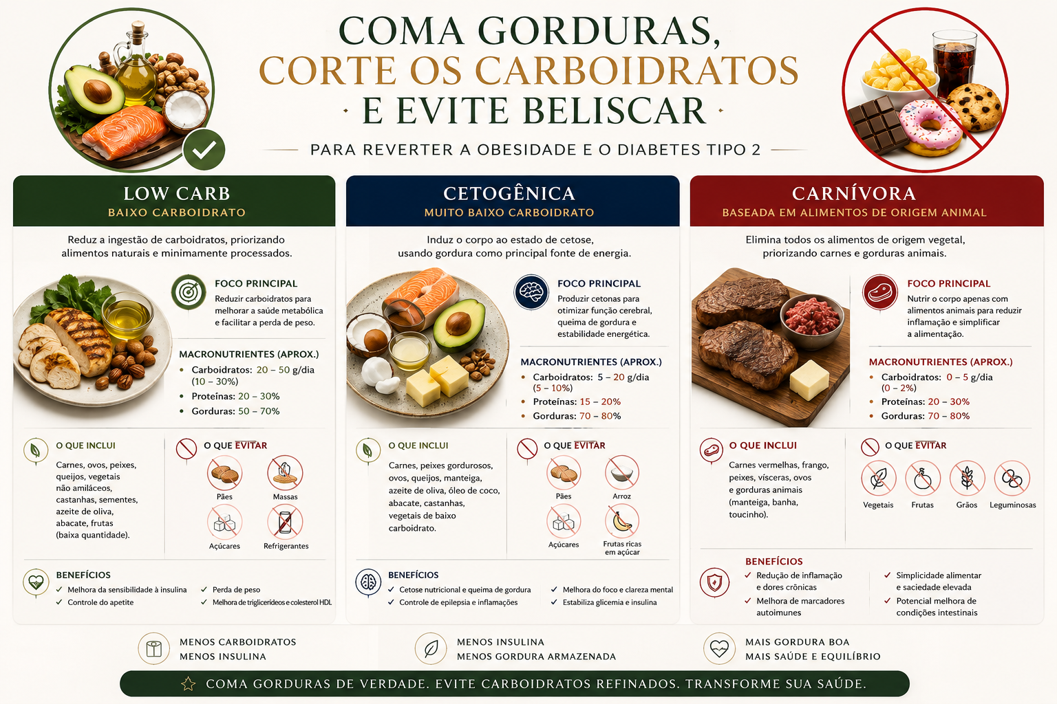 Comparativo Low Carb vs Cetogênica vs Carnívora — macronutrientes, alimentos e benefícios